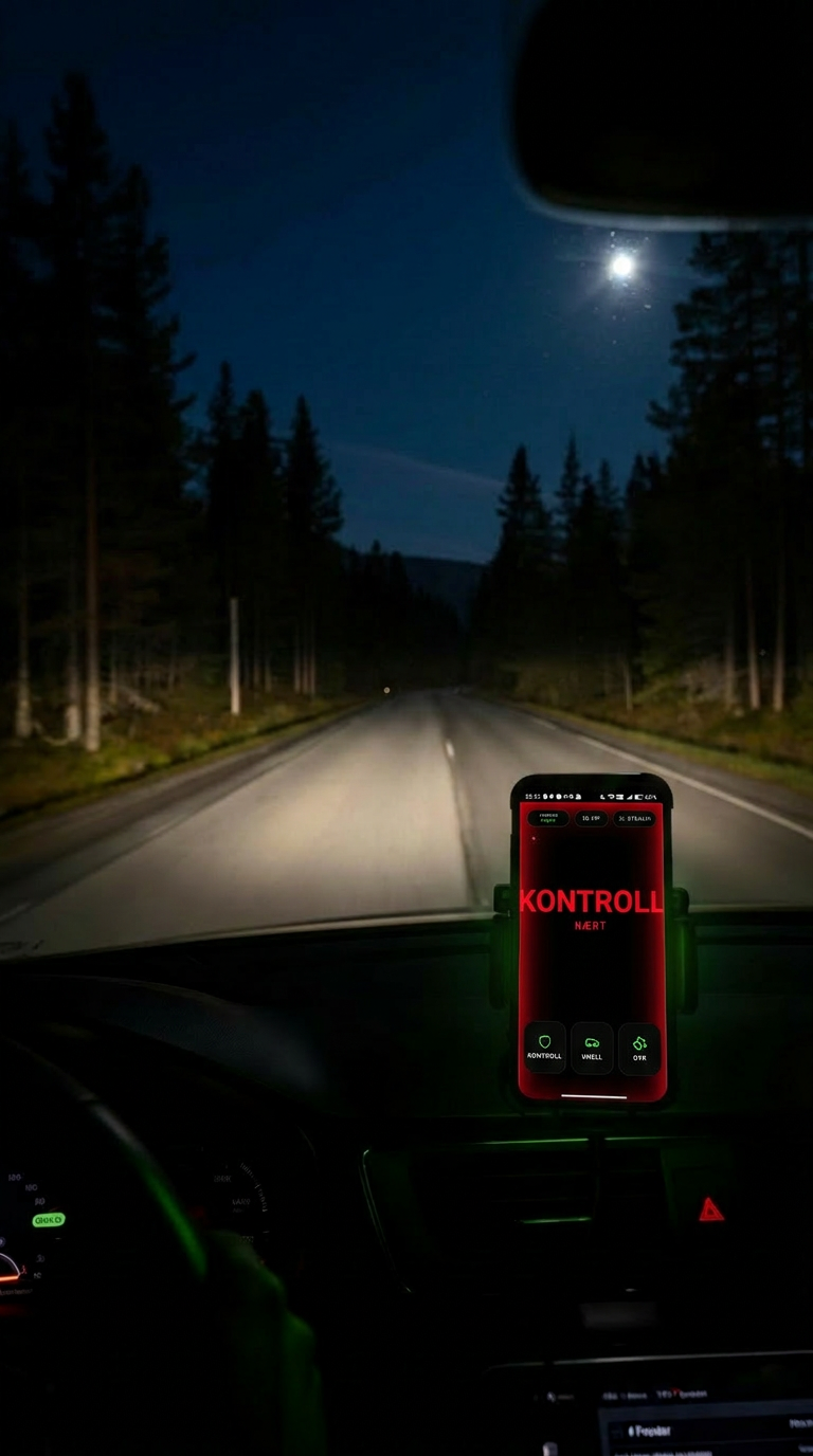 Sondar i mobilholderen som varsler om kontroll på en mørk landevei